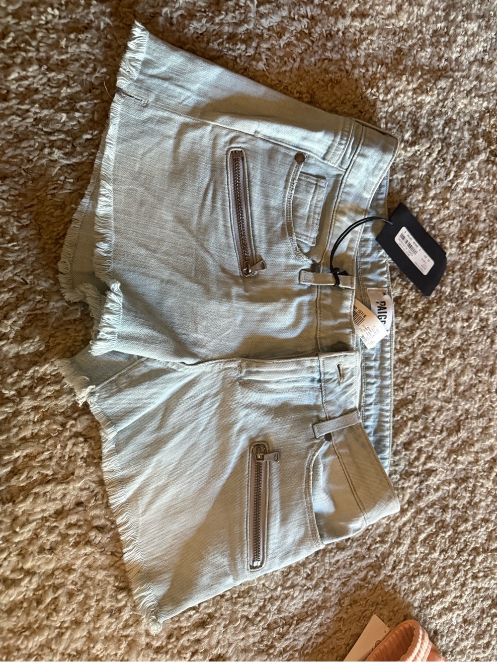 PAIGE Light denim Frayed Hem Denim Shorts with Zipper Accents